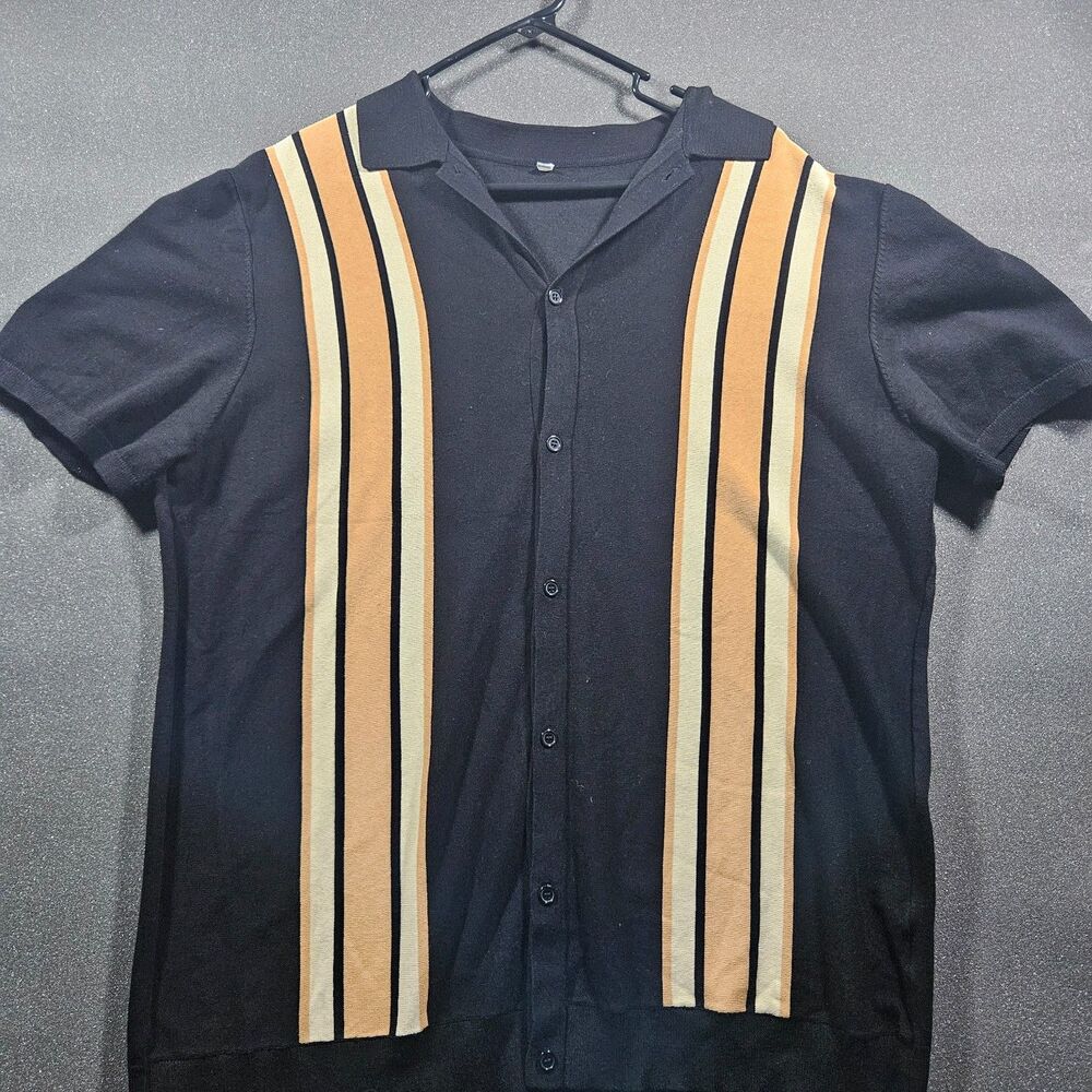 Vintage Style Black Tan Vertical Stripe Bowling Shirt Retro Rockabilly Button Up